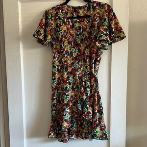 SHEIN Floral Midi Wrap Dress with Red and Yellow Accents
